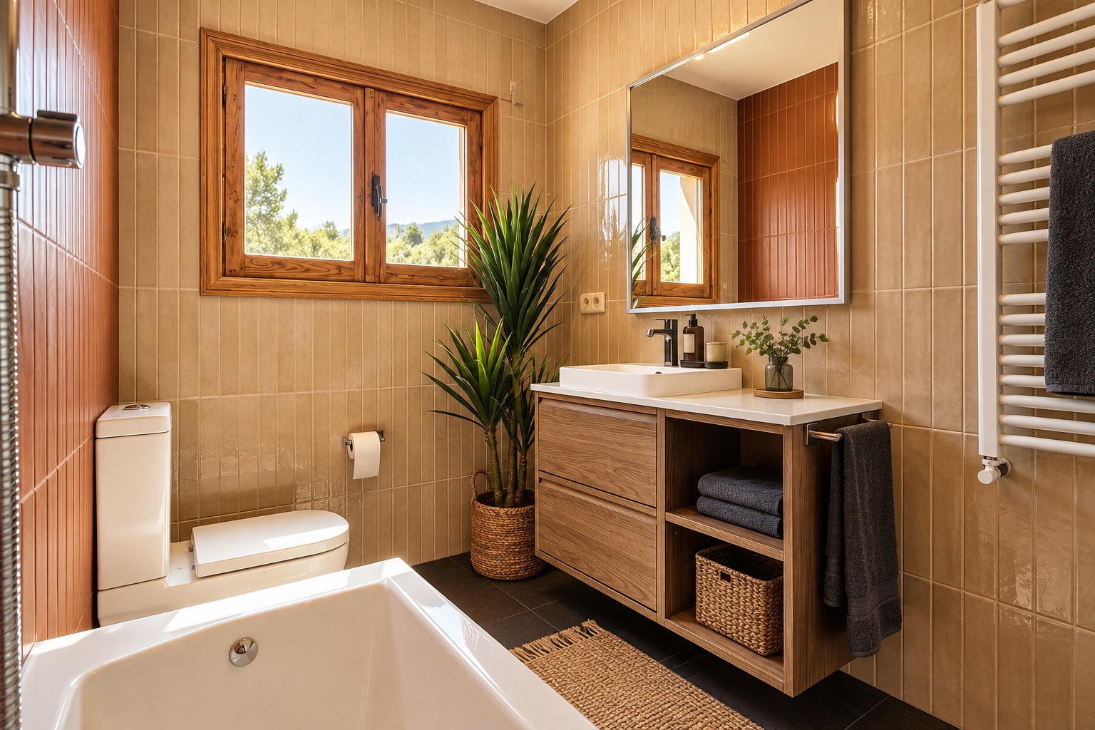 Baño luminoso con ventana y bañera