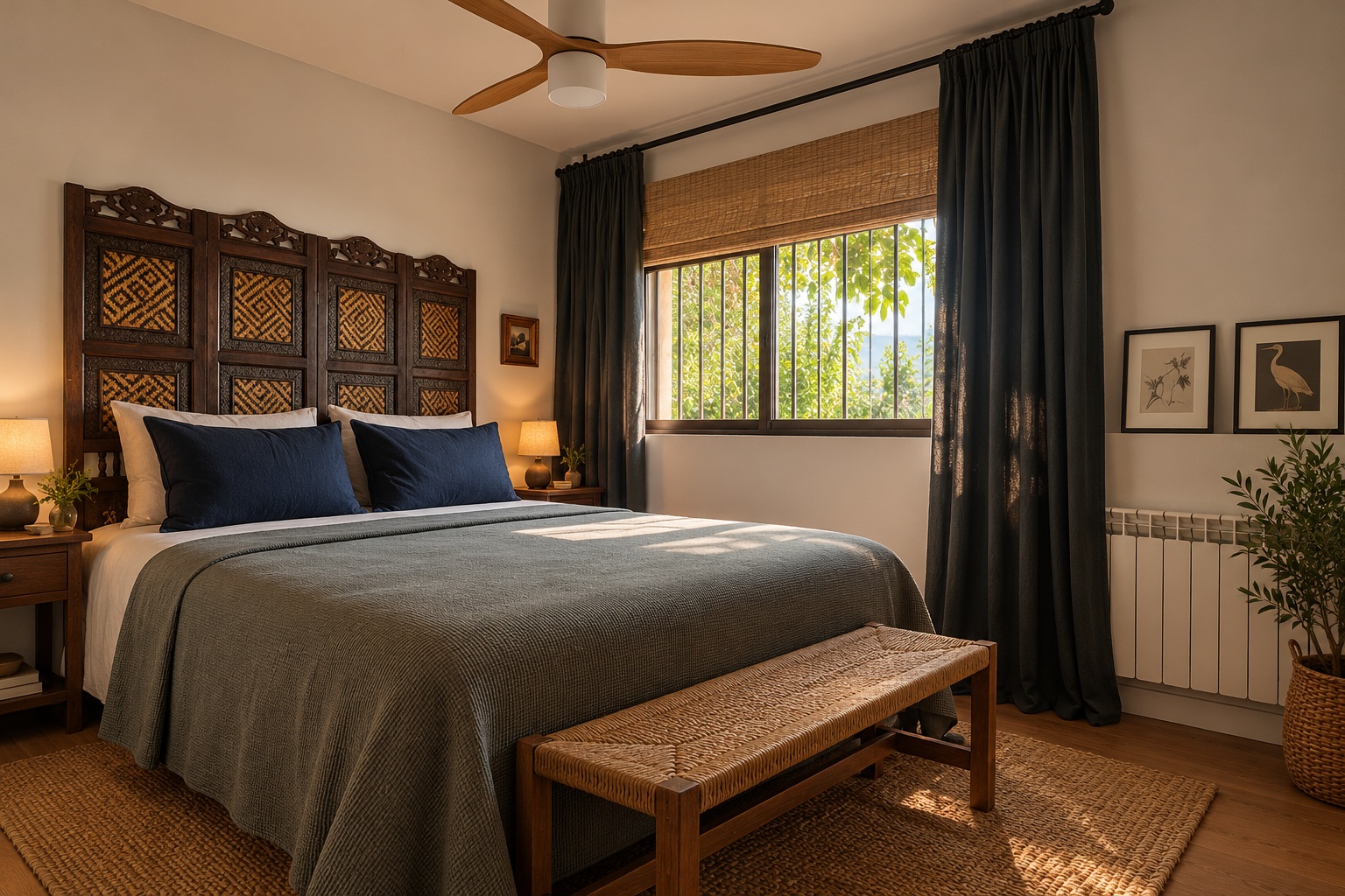 Dormitorio con cabecero de madera y luz natural