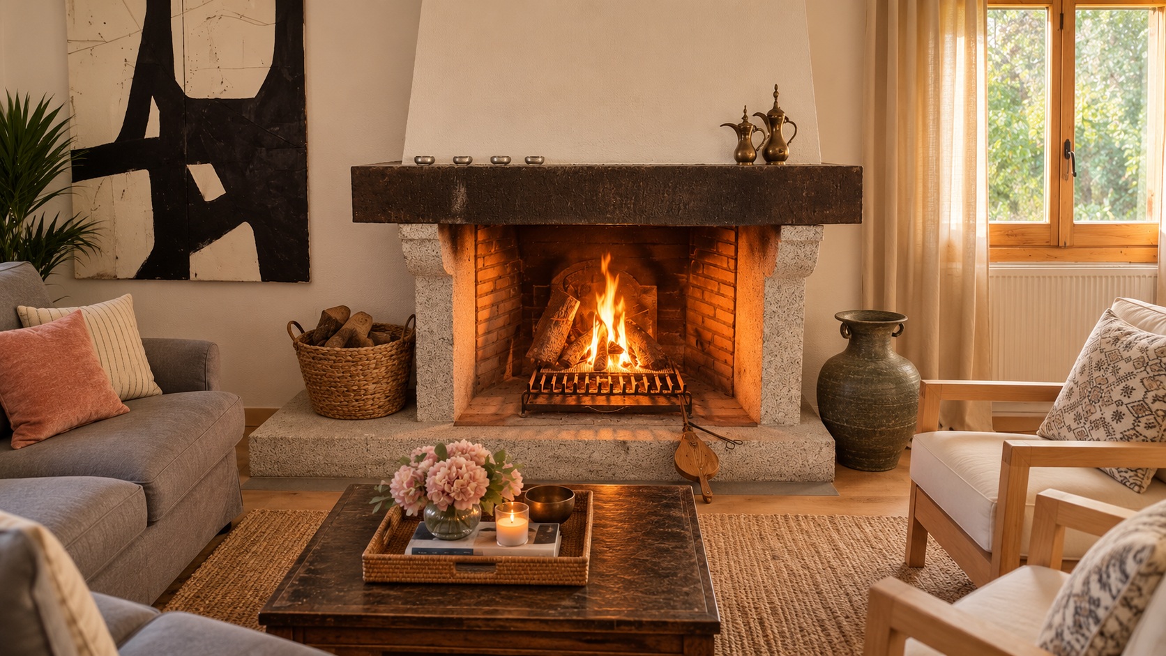 Chimenea encendida en el salón de Las Picoteras